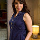 Chic Navy Blue Sleeveless Midi Dress with All-Around Block Print Floral Hem & Ivory Polka Dot Band with Box Pleat