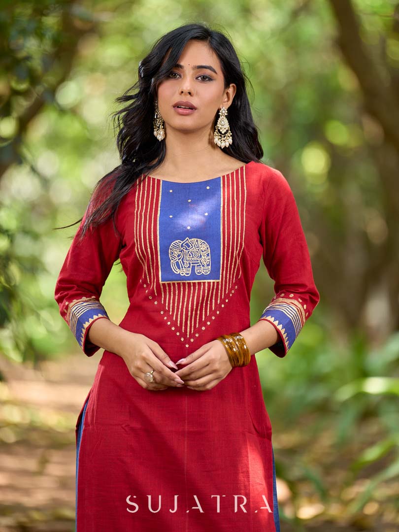 Heritage Maroon Cotton Kurta with Traditional Temple Hand Block Print