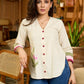 Off White Flex Cotton Top with Colorblock Sleeves and Floral Embroidery