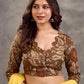 Earthy Beige Kalamkari Printed 3/4th Sleeve Blouse with Scalloped V Neckline