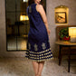 Chic Navy Blue Sleeveless Midi Dress with All-Around Block Print Floral Hem & Ivory Polka Dot Band with Box Pleat