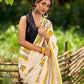 Breezy Off-White Cotton Saree with Fresh Floral Hand Block Print and Yellow Border Highlights