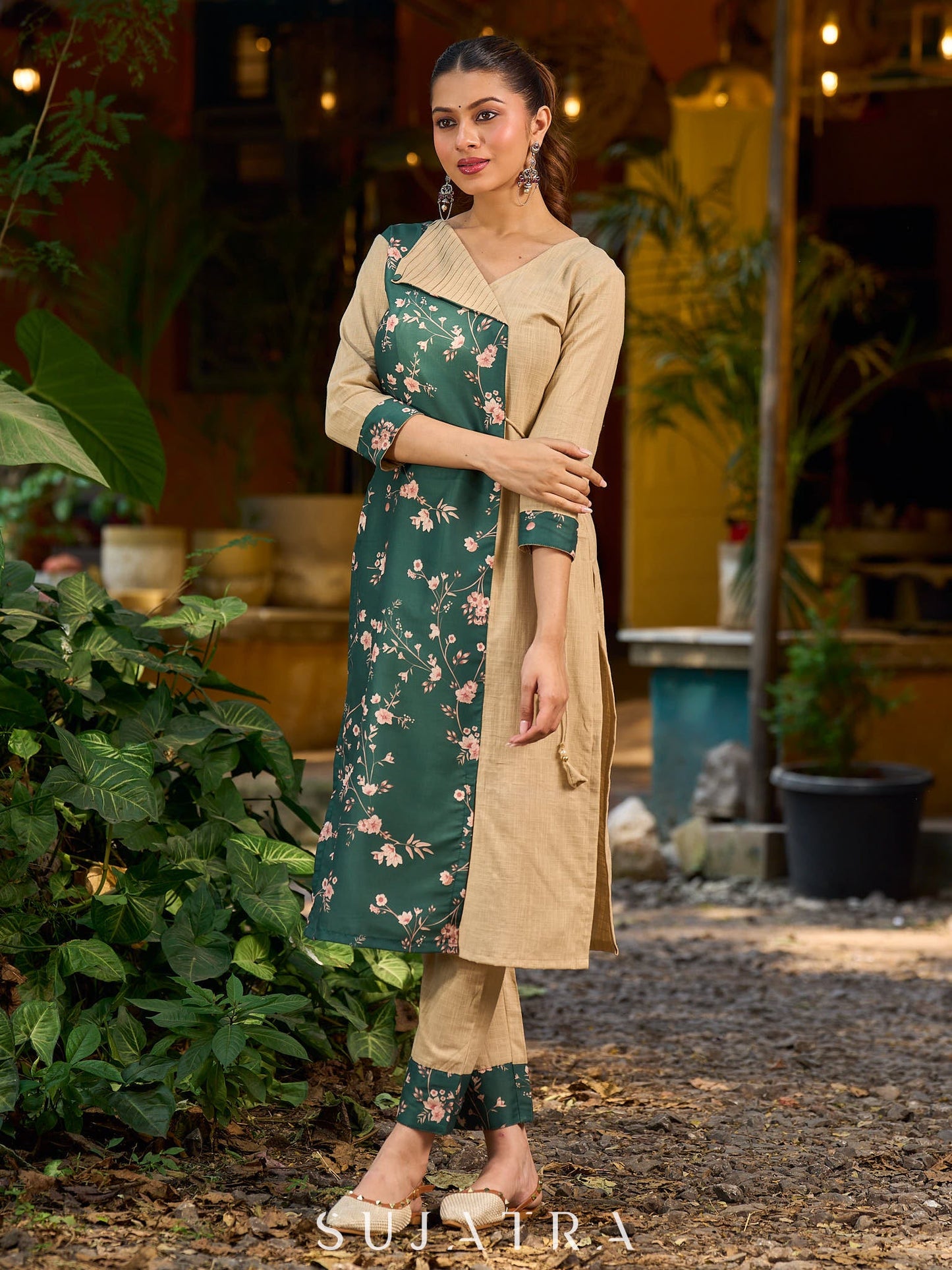 Green and beige digital-printed Angarkha Style kurta.