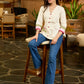 Off White Flex Cotton Top with Colorblock Sleeves and Floral Embroidery