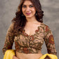 Earthy Beige Kalamkari Printed 3/4th Sleeve Blouse with Scalloped V Neckline