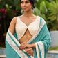 Vibrant Sea Green Modal Saree with Ivory Chevron Border & Minimal Hand Embroidery