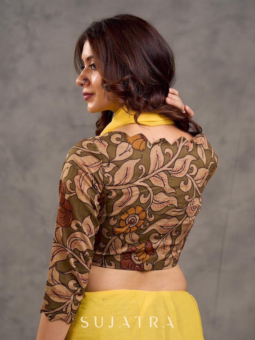 Earthy Beige Kalamkari Printed 3/4th Sleeve Blouse with Scalloped V Neckline