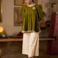 Contemporary Olive Green Pleated Top Adorned With Subtle Hand Embroidery & Refined Off White Accents