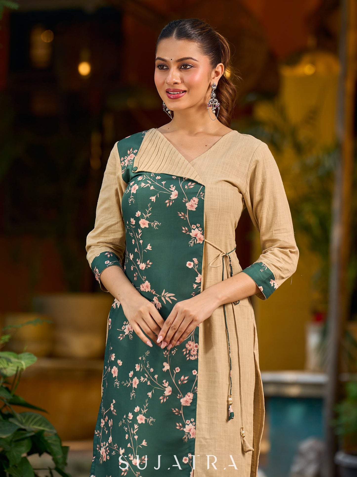 Green and beige digital-printed Angarkha Style kurta.