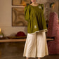 Contemporary Olive Green Pleated Top Adorned With Subtle Hand Embroidery & Refined Off White Accents