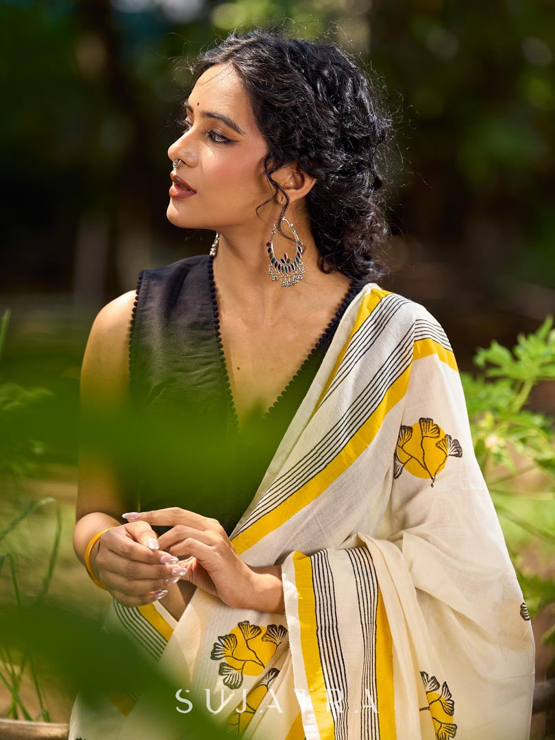 Breezy Off-White Cotton Saree with Fresh Floral Hand Block Print and Yellow Border Highlights