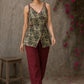 Rustic olive and maroon vegetable-dyed printed top with crossover styling and rich maroon accent detailing.