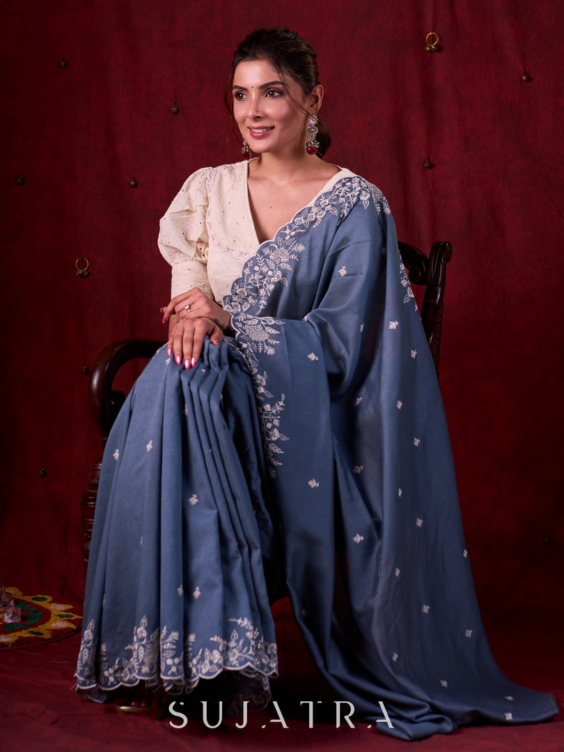 Smokey Grey Chanderi Saree with All-Over Butta Work & Exquisite Scalloped Embroidery