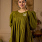 Contemporary Olive Green Pleated Top Adorned With Subtle Hand Embroidery & Refined Off White Accents