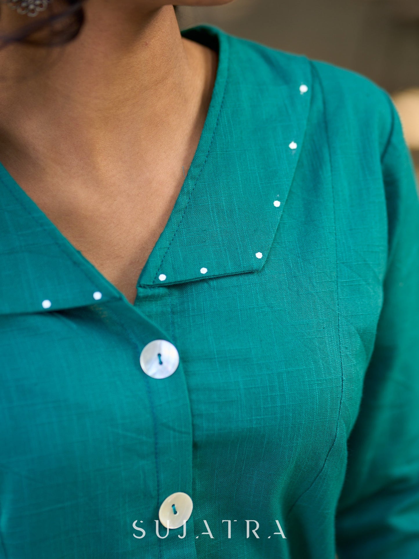 Peacock Green Cotton Shirt Featuring Bold Statement Collar