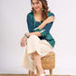 Teal Square Neck Cotton Top with Printed Panels and Contrast Piping