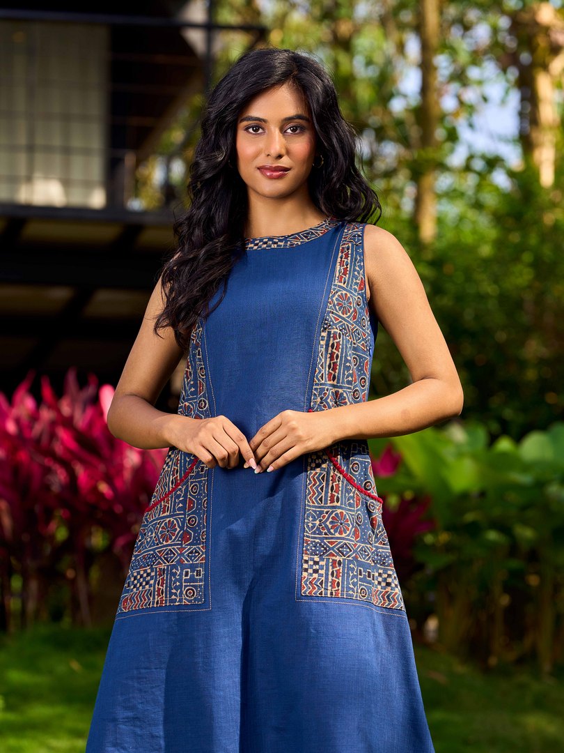 Classic Indigo Blue Cotton Dress Featuring Ajrakh Printed Panels and Contrast Red Highlights