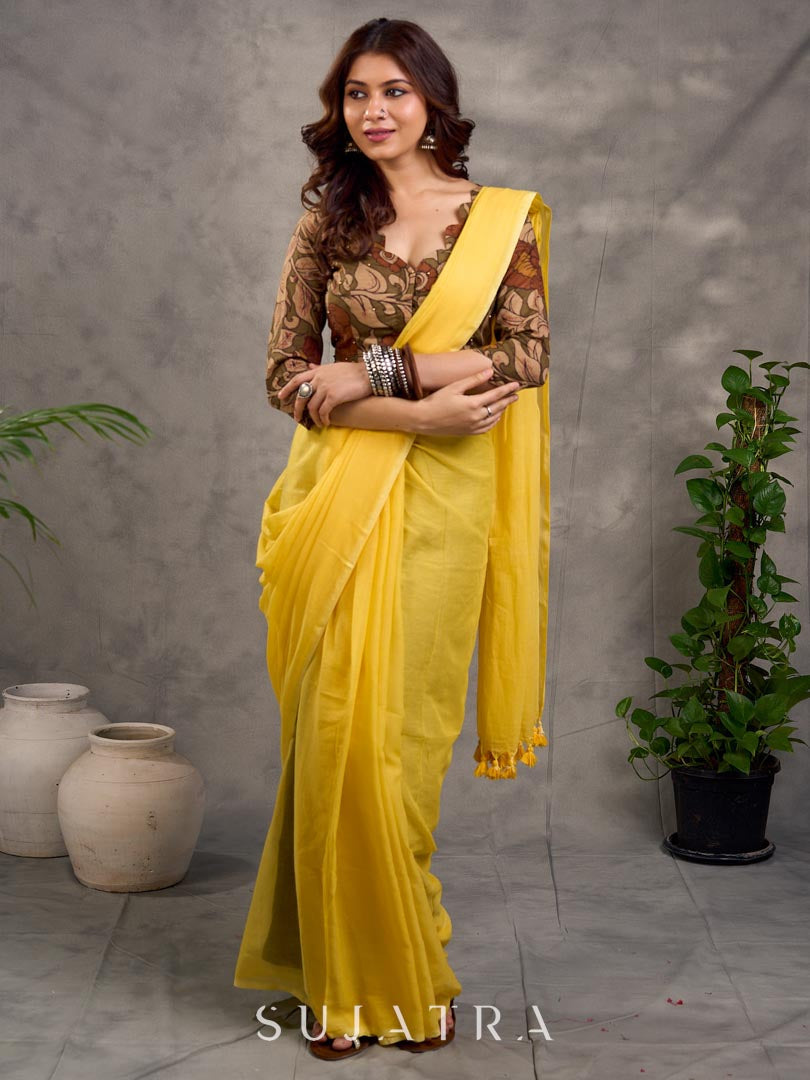 Earthy Beige Kalamkari Printed 3/4th Sleeve Blouse with Scalloped V Neckline