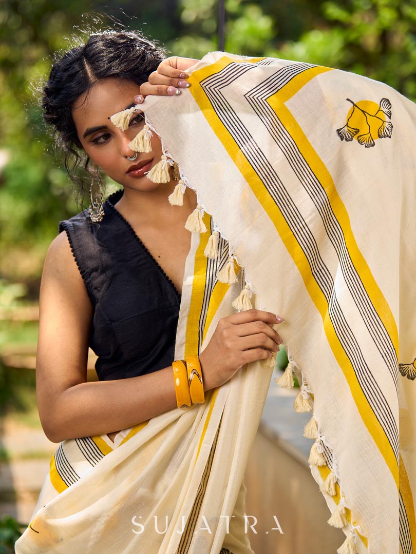 Breezy Off-White Cotton Saree with Fresh Floral Hand Block Print and Yellow Border Highlights