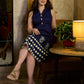 Chic Navy Blue Sleeveless Midi Dress with All-Around Block Print Floral Hem & Ivory Polka Dot Band with Box Pleat