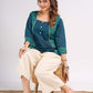 Teal Square Neck Cotton Top with Printed Panels and Contrast Piping
