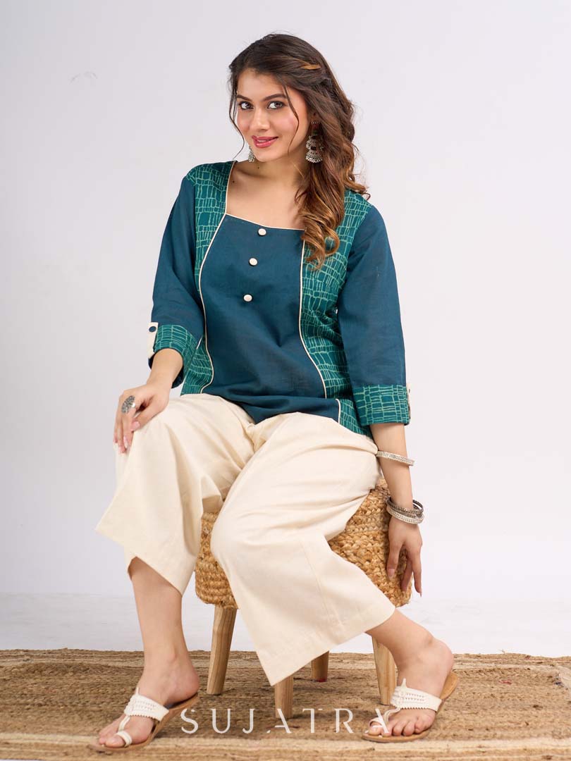 Teal Square Neck Cotton Top with Printed Panels and Contrast Piping