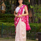 Modern Off-White Pure Silk Block Printed Saree with Delicate Polka Dots & Vibrant Pink Floral Pallu