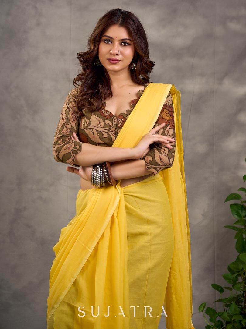 Earthy Beige Kalamkari Printed 3/4th Sleeve Blouse with Scalloped V Neckline