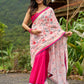 Floral-inspired white saree elevated with fuchsia pleats and borders