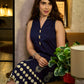 Chic Navy Blue Sleeveless Midi Dress with All-Around Block Print Floral Hem & Ivory Polka Dot Band with Box Pleat