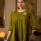 Contemporary Olive Green Pleated Top Adorned With Subtle Hand Embroidery & Refined Off White Accents