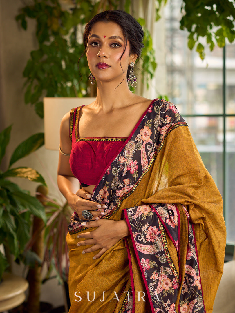 Cultural Mustard Cotton Saree with Kalamkari Floral Printed Border & Pallu & Gold Lace Trim