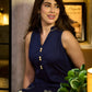 Chic Navy Blue Sleeveless Midi Dress with All-Around Block Print Floral Hem & Ivory Polka Dot Band with Box Pleat