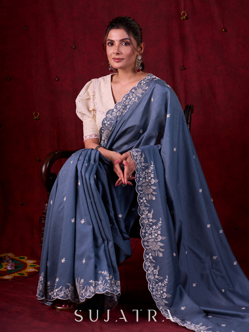Smokey Grey Chanderi Saree with All-Over Butta Work & Exquisite Scalloped Embroidery