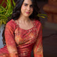 Amber crimson blossom printed kurta with golden pearl handwork on the yoke and dainty tie-up neck details.