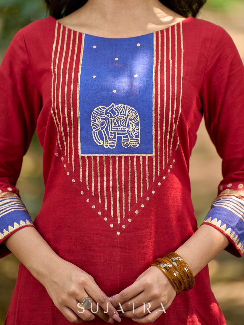Heritage Maroon Cotton Kurta with Traditional Temple Hand Block Print