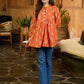 Tangerine Weave Ikat Top with Asymmetrical Panel and Statement Buttons