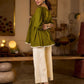 Contemporary Olive Green Pleated Top Adorned With Subtle Hand Embroidery & Refined Off White Accents