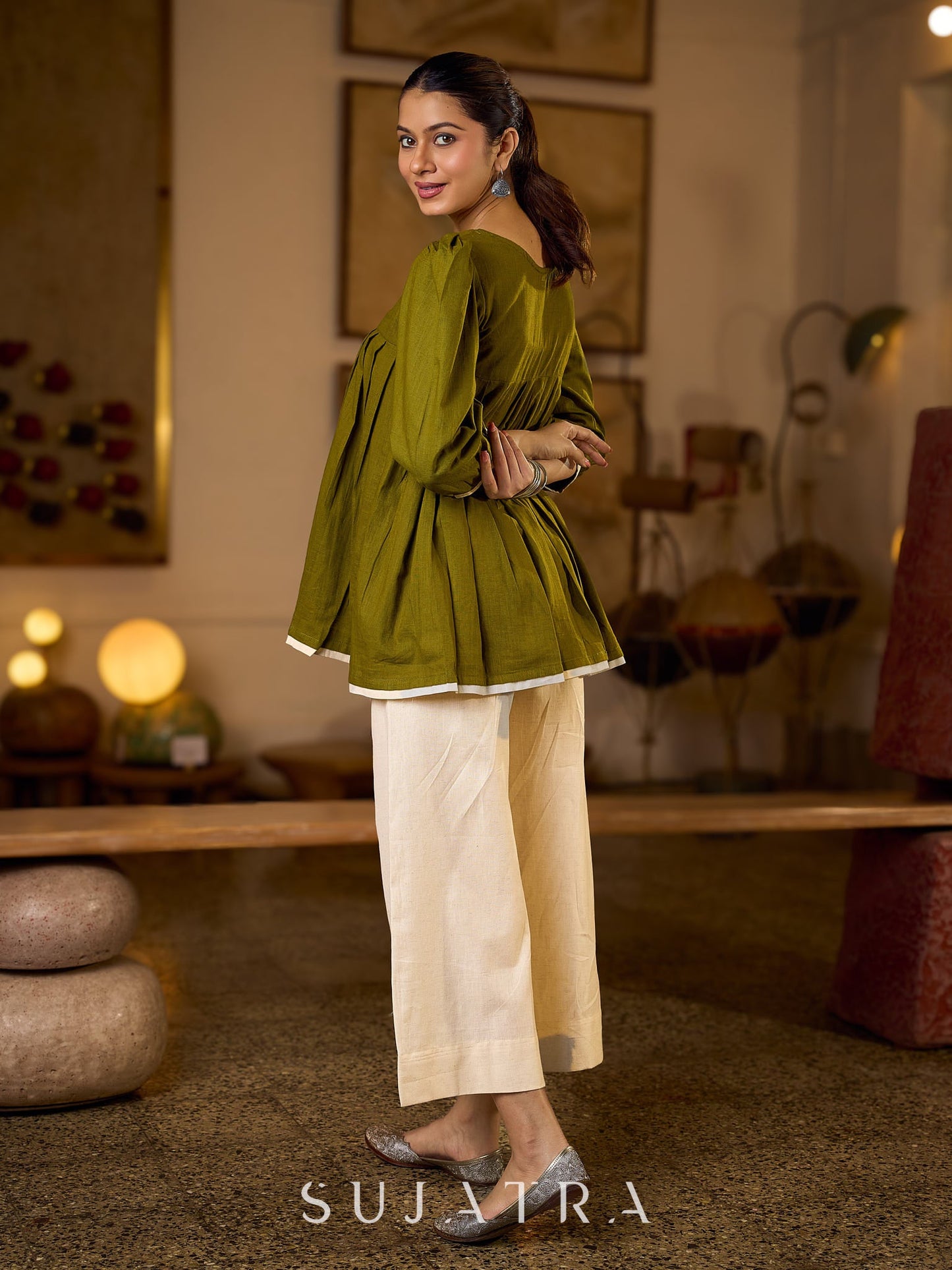 Contemporary Olive Green Pleated Top Adorned With Subtle Hand Embroidery & Refined Off White Accents