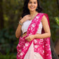 Modern Off-White Pure Silk Block Printed Saree with Delicate Polka Dots & Vibrant Pink Floral Pallu