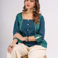 Teal Square Neck Cotton Top with Printed Panels and Contrast Piping