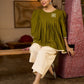 Contemporary Olive Green Pleated Top Adorned With Subtle Hand Embroidery & Refined Off White Accents