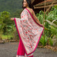 Floral-inspired white saree elevated with fuchsia pleats and borders