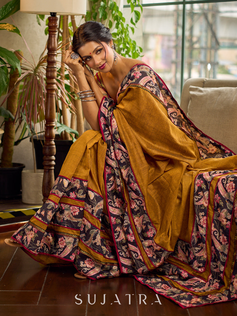 Cultural Mustard Cotton Saree with Kalamkari Floral Printed Border & Pallu & Gold Lace Trim