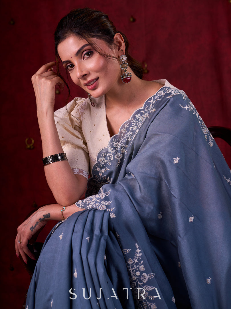 Smokey Grey Chanderi Saree with All-Over Butta Work & Exquisite Scalloped Embroidery