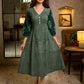Contemporary Bottle Green Hand Block Printed Cotton Dress with Cinched Waist & Floral Sleeves