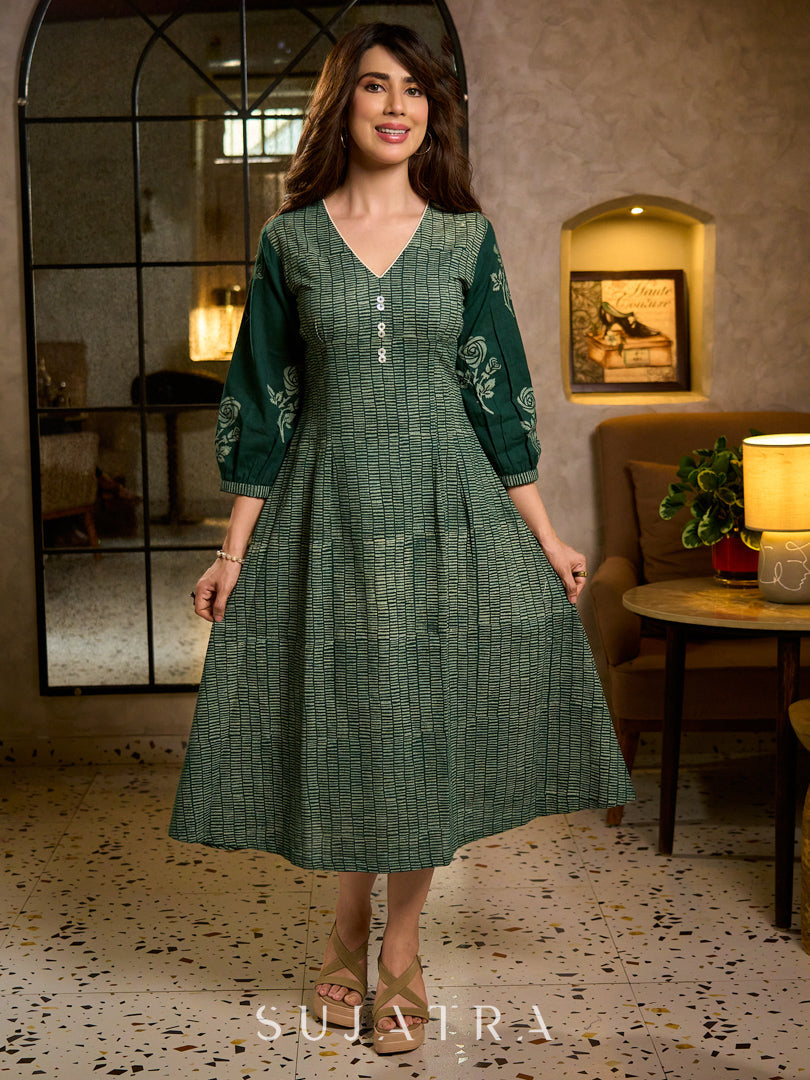 Contemporary Bottle Green Hand Block Printed Cotton Dress with Cinched Waist & Floral Sleeves