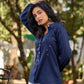 Chic Navy Woven Cotton Pintuck Shirt Featuring Soft Gathered Sleeves