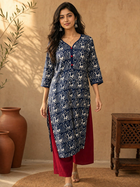 Exquisite Indigo Printed Cotton Kurta with Contrast Detailing