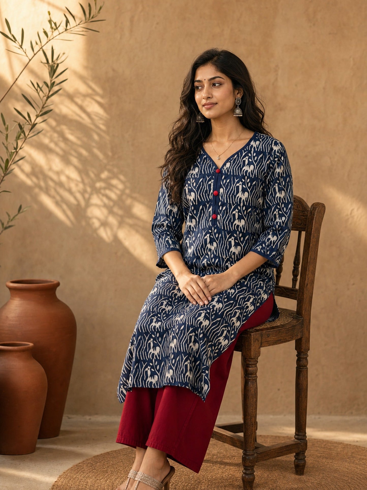 Exquisite Indigo Printed Cotton Kurta with Contrast Detailing